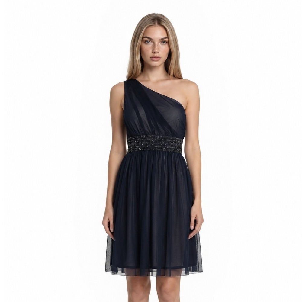 Jessica Howard One Shoulder Dress Women's Size 10 Navy Beaded Empire Cocktail